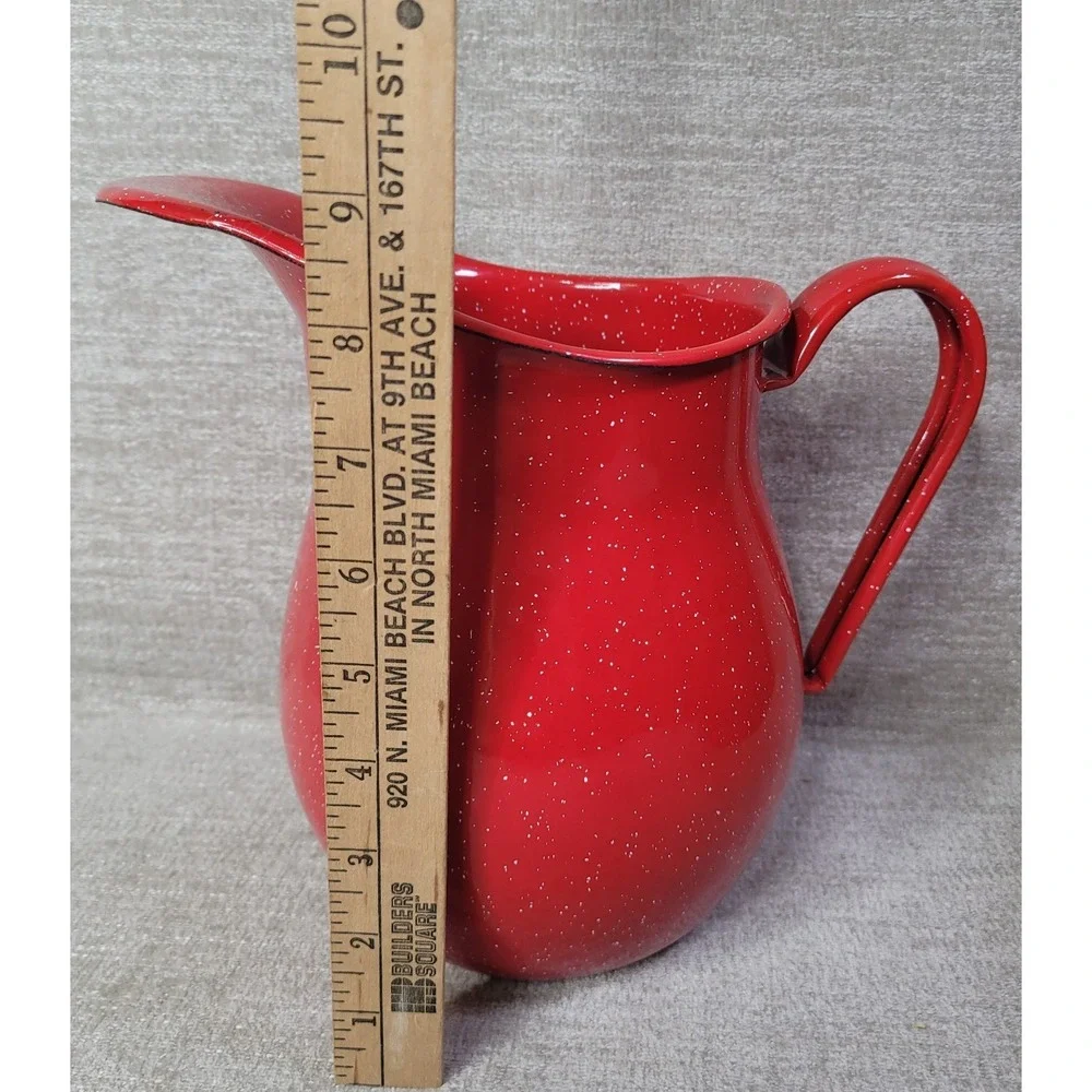 Crate & Barrel OLD STOCK Tinware Red & White Metal Pitcher & Stock Pot Set NEW